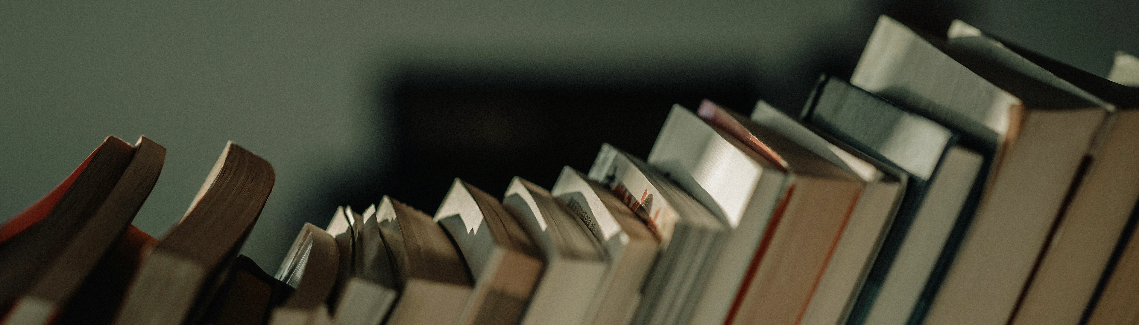 A shelf of books, which are leaning to the right.